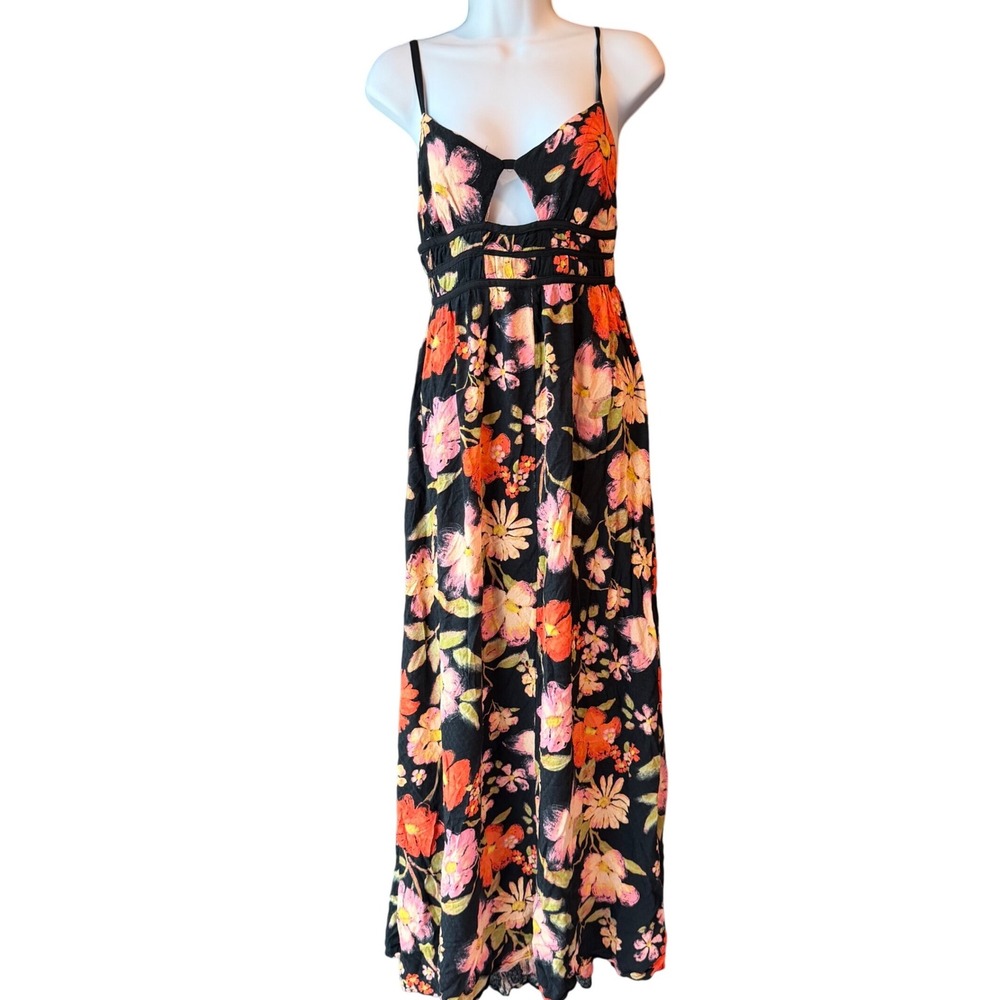 Free People Black Floral Cutout Open Back Strappy Maxi Dress Boho Size Small